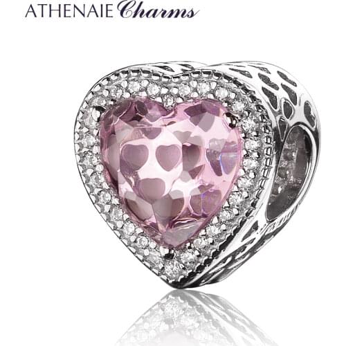 ATHENAIE 925 Sterling Silver with Pave Clear CZ & Pink Heart Shaped Openwork Charm Fit All European Bracelet Necklace