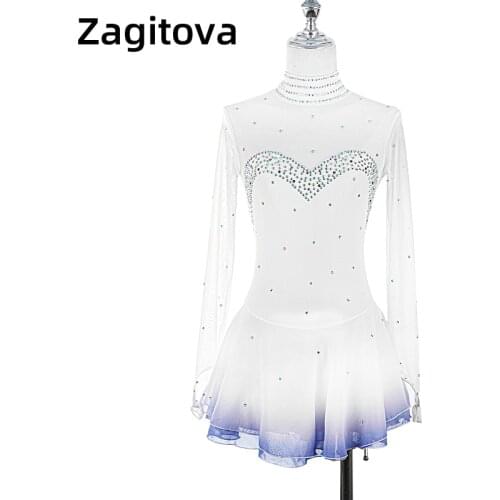 White Gradient Figure Skating Dress For Women And Girls Long Sleeve Ice Figure Skating Clothes With Rhinestones