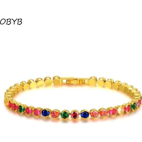 OBYB Colorful Small Round Zircon Tennis Bracelet Bangle Ladies Luxury Banquet Wedding Party Friendship Bracelet Female Bangle