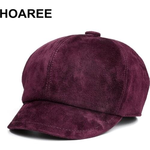 Purple Winter Hats for Women Genuine Leather Octagonal Cap Real Sheepskin Solid Vintage Ladies Painer Hat Brand Berets