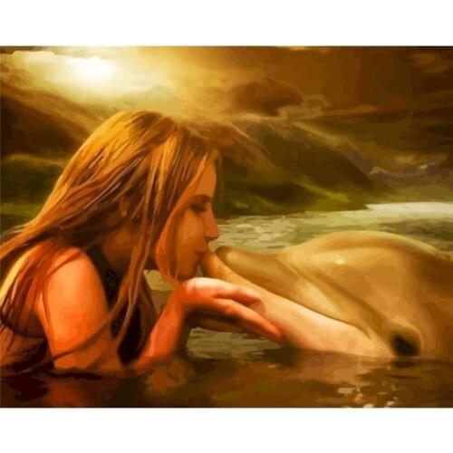 GATYZTORY Frame Girl Dolphin Diy Painting By Numbers Figure Paint By Number Handpainted Gift Frame Artwork Wall Decor