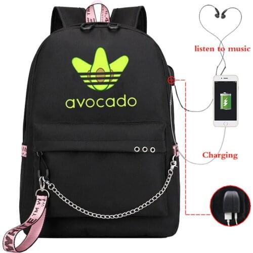 Avocado printed Canvas Backpack School Bags for Girls College bag Students Laptop travel Backpacks Leisure Chain Travel Rucksack