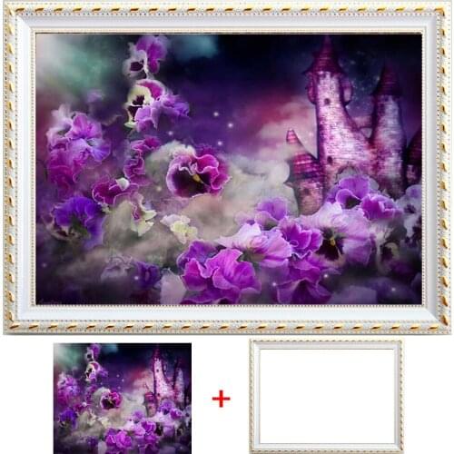 Framed 5D DIY Diamond Painting Fantasy purple flower Pictures Of Rhinestones Diamond Embroidery round circular diamond art