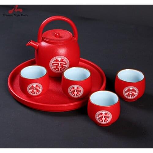 Chinese Wedding Ceramic Tea Pot Cup Tray Set China red double happiness Porcelain Tea Service Set for Adults Teaware