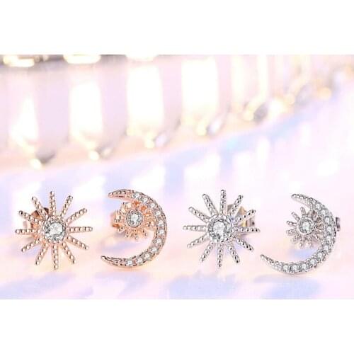 KOFSAC Asymmetry 925 Sterling Silver Stud Earrings For Women Jewelry Shiny Zircon Planet Star Moon Earring Party Accessories