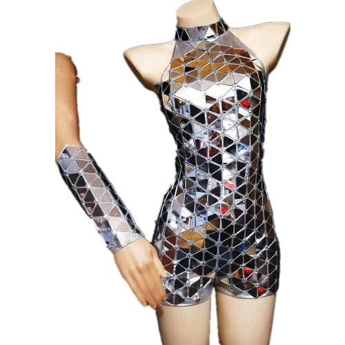 Shiny Mirror Sequins Costume For Women Neck-Mounted Playsuits Gloves Sleeveless Personality Performance Costume Ladies