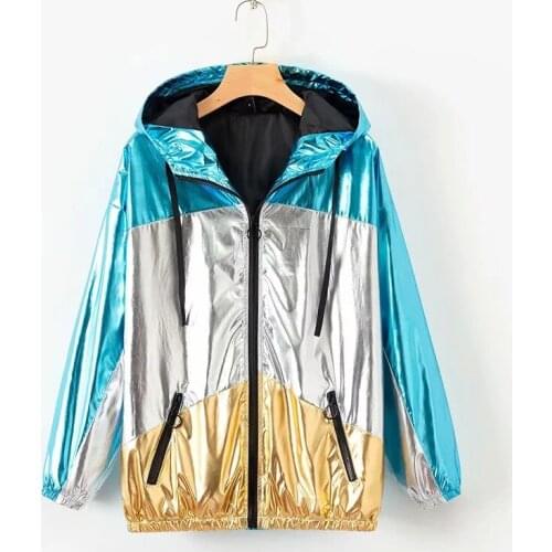 Summer Basic Jackets Women Casual Windproof Splice Glossy Jacket Coats 2019 Fashion Loose Long Sleeve Hooded Jacket Women