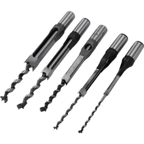 New 5 Pcs Square Hole Mortise Chisel Drill Bit Tools,HSS Woodworking Hole Saw Mortising Chisel Drill Bit Set,Different Sizes