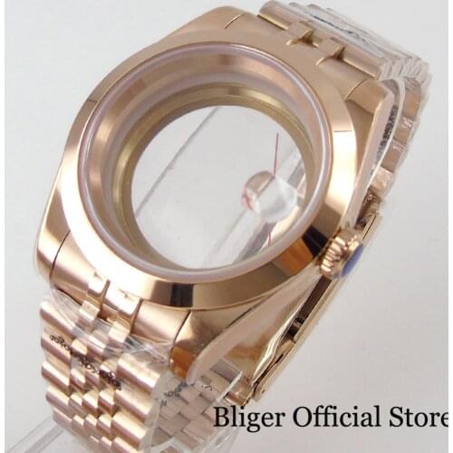 New Whole Rose Gold 39mm Polished Watch Case fit NH35A NH36A MIYOTA82 ETA 2836 Glass Back Jubilee Bracelet Screw Crown