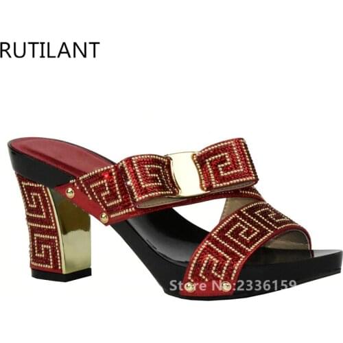 New Arrival Red Color High Heels Slip on Shoes Decorated with Rhinestone Nigerian Women Wedding Shoes African Women Party Shoes