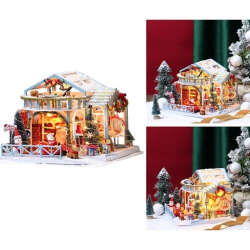 Christmas DIY Doll House Snow Night House Model Santa Claus Elk DIY House Office Bedroom Desktop Craft Gift