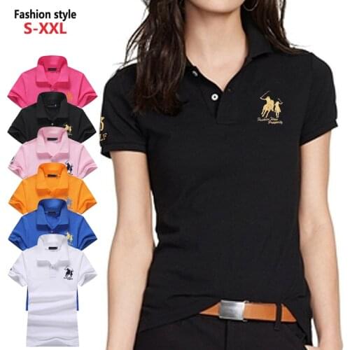Fashion Brand Polos tops Summer New Short sleeve Womens polos shirts Casual cotton lapel ladies polos shirts Slim Womens S-2XL