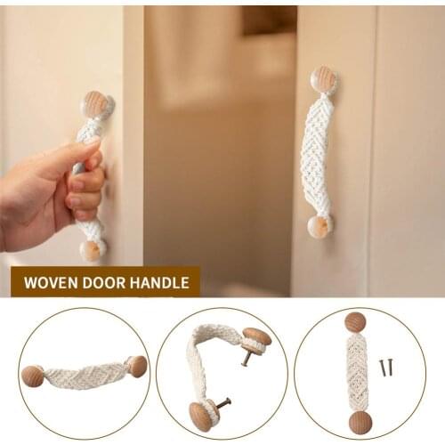 Door Handle Hand-Woven Drawer Wardrobe Handle Beech Solid Cotton Rope Decor for Home Door Hardware Accessories