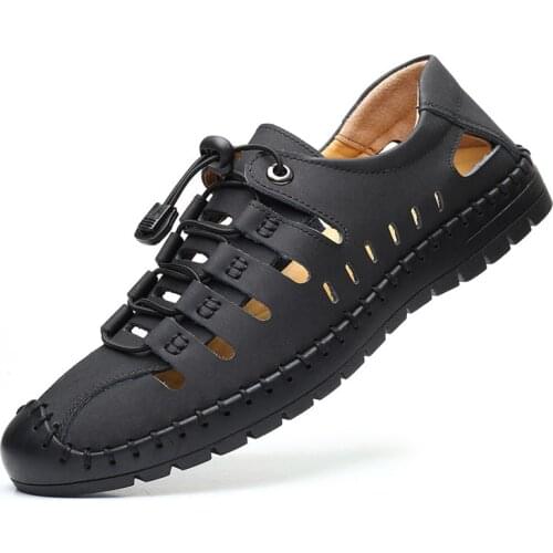 Summer Men Hollow Out Leather Sandals Fashion Black Khaki Male Sandalias Breathable Soft Bottom Beach Casual Shoes Size 38-48
