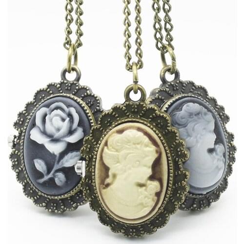10pcs/lot Steampunk Vintage cameo lady Pocket Watch Necklace pendant Halloween xmas party gift