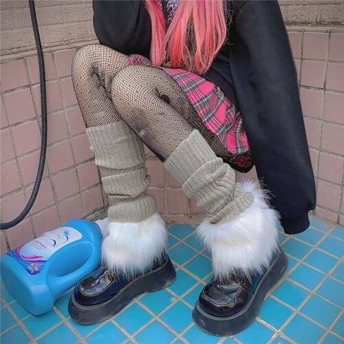 Japan Harajuku Lolita Leg Warmers Girls Winter Furry Fur Gothic Thigh High Sweet Knit Wool Ribbed Fuzzy Boots Long Socks Black