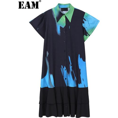 [EAM] Women Black Pattern Printed Big Size Ruffles Dress New Lapel Short Sleeve Loose Fit Fashion Spring Summer 2021 1DD5939