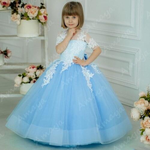Amaya Sky Blue Flower Girls Dresses for Wedding Puffy Half Sleeves Lace Appliques Pageant Birthday Gowns Vestido de Niña