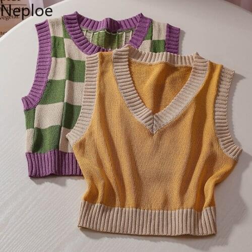 Neploe Vintage Sweaters Vest Women V-neck Short Knitted Waistcoat Preppy Style Fashion Plaid Tank Korean Loose Casual Tops