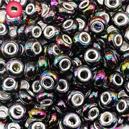 10Pcs Black Color Metal Smooth Surface Big Hole Round Murano Spacer Beads Charms Fit Pandora Bracelet European Women DIY Jewelry