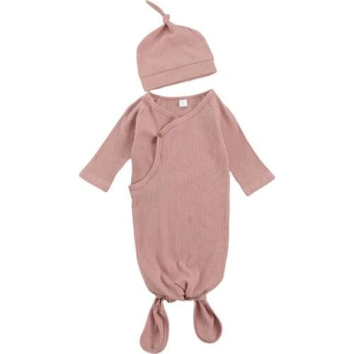 P31B 2 Pcs Baby Sleeping Bag+Hat Set Solid Knitted Swaddle Wrap Blanket Sleepsack+Tail Knotted Beanie Kit for Newborn