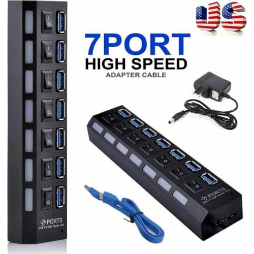 7-Port Powered USB 3.0 Hub USB Splitter Multi USB 3.0 2.0 HUB On/Off Switches 5Gbps Multi Split AC Adapter Cable PC for Computer