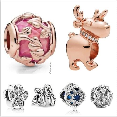 Authentic 925 Sterling Silver Cute Bears Paw With Crystal Charm Beads Fit Women Pandora Bracelet & Necklace Jewelry