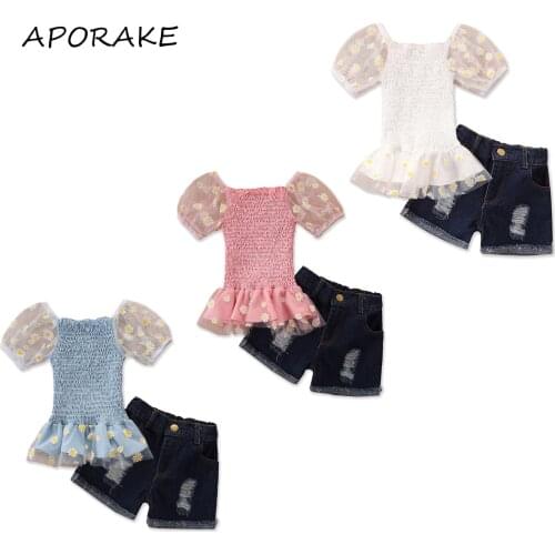 2021 0-5Y Fashion Kids Baby Girl Clothing Set Daisy Print Mesh Puff Short Sleeve Off Shoulder Blouse+Holes Crimping Denim Shorts