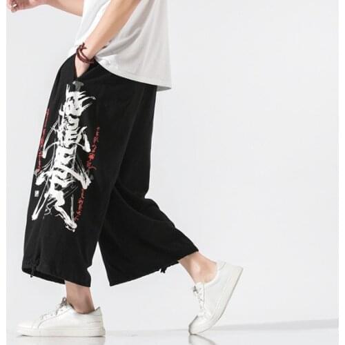 Chinese Style Creative Printed Cotton Linen Wide Leg Pants Men Fashion Tai Chi Kung Fu Pants Summer Straight Leg Pants Clothes