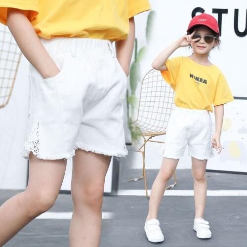 Kids Girl Short Jeans Summer Denim Hollow Lace Pants Baby Girls White Cowboy Hot Pants 4-15 Years Clothes