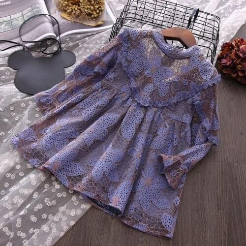 Girl Lece Dress Autumn Children Girls Long Sleeve Princess Dress Baby Flowers Hollow Romantic Purple Party Dresses for Wedding