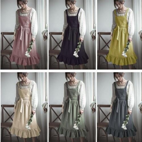 French Pastoral Apron Florist Literary Cotton Linen Retro Apron Ruffled Kitchen Baking Aprons Solid Color Crease Resistant Fabri