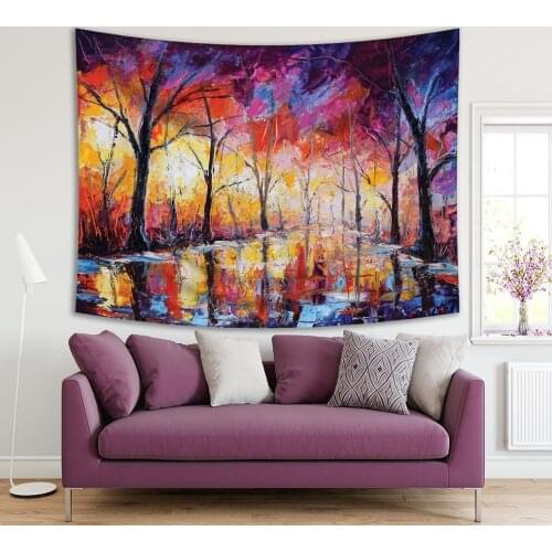 Tapestry Trees Reflection on Wet Asphalt Cityscape Night View Oil Painting Violet Orange Artwork Printed