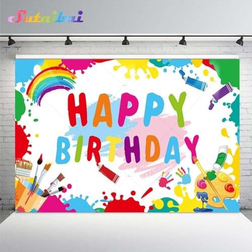 Art Party Backdrop Happy Birthday Banner Decorations Mess Art Graffiti Wall Paint Brush Colorful Background Photo Booth Props