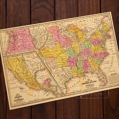 United States and Texas Map Classic Vintage Retro Kraft Decorative Poster Maps Wall Canvas Sticker Home Bar Posters Decor