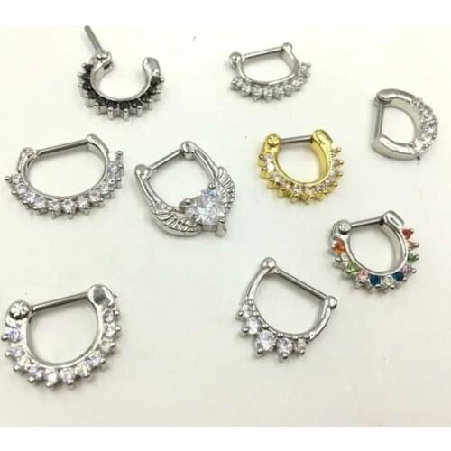 Lot 10pcs 16g~1.2mm Hot Clicker Small Hoop Septum Jewerly CZ Nose Ring body piercing jewelry Mix Styles Stainless Steel