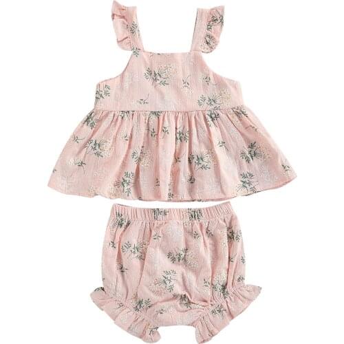 Two Piece Newborn Baby Girls Floral Print Outfits Sleeveless Ruffle Top PP Shorts Infant Toddler Summer Sets Baby Clothing 0-24M
