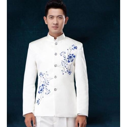 White red blue 2020 new arrival costume slim men chinese tunic suit set with pants mens suits wedding groom dress suit + pant