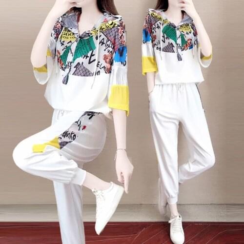 Womens Suit Fashion Suit Loose Sports Short Sleeve Hoodies Cropped Trousers Two Piece Set Hooded T Shirt Kawaii Clothes Summer