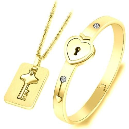 Fashion Concentric Lock Key Titanium Steel Stainless Steel Jewelry Bracelet Necklace Couple Sets