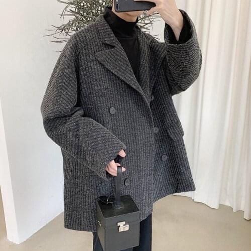 Chic Mens Double Breasted Lapel Collar Casual Loose Jacket Retro Black Gray Men Coat Blazers Jackets D040