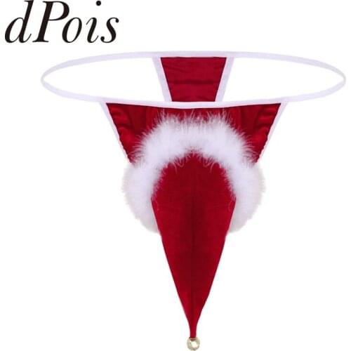 Mens Red Velvet Santa Hat Christmas Holiday G-string Thong Underwear with Small Bell Male Panties
