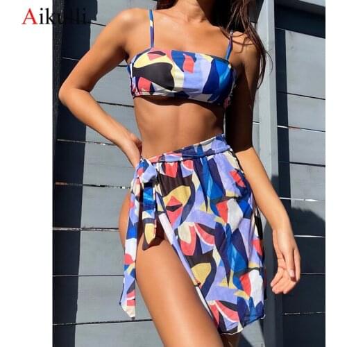 2021 New Bikinis With Sarong Swimsuit WomenThree Piece Bikini Set Summer Swimwear Colorful Printed Bather Swimming Bathing Suits