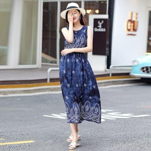 New Women Comfortable Floral Print Ankle-Length Dress Large Size Ladies Sleeveless Belt Loose Boho Beach Dresses Female Vestidos