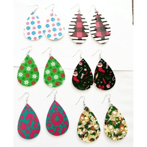 Christmas Earrings 6 pairs/set Double Layers Glitter Faux Leather Earrings Fashion Christmas Gift Teardrop Leaf Earrings