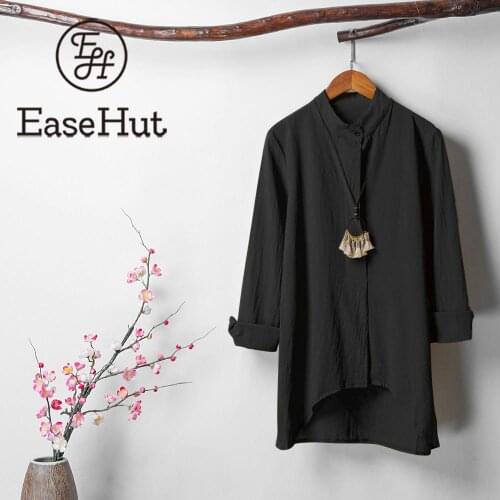 Women Vintage Cotton Linen Shirt Solid Stand Collar Long Sleeve Button Loose Outwear for Work Elegant Tops Spring Women Blouse