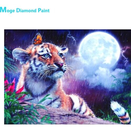 Sad Little Tiger On Moonlit Night Diamond Painting Animal Round Full Drill Nouveaute DIY Mosaic Embroidery 5D Cross Stitch Image