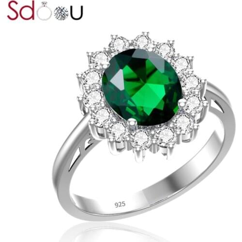 SDOOU Real 925 Sterling Silver Rings For Women Silver 925 Rings Shiny Green Emerald Ring Sunflower Gems Luxury Jewelry Wedding
