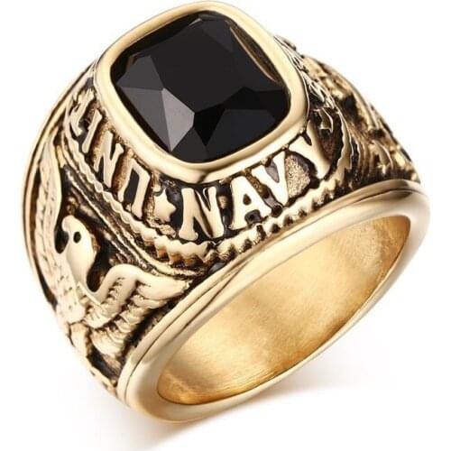 United States Navy Eagle Casting Ring For Men Black Stone Gold Color Stainless Steel Male Punk Hiphop Jewelry