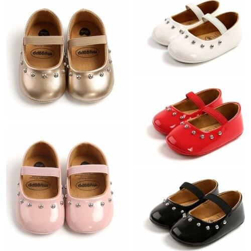 2021 Spring Newborn Baby Girls Shoes PU Leather Rivet First Walkers Red Black Pink White Soft Soled Non-slip Crib Shoes